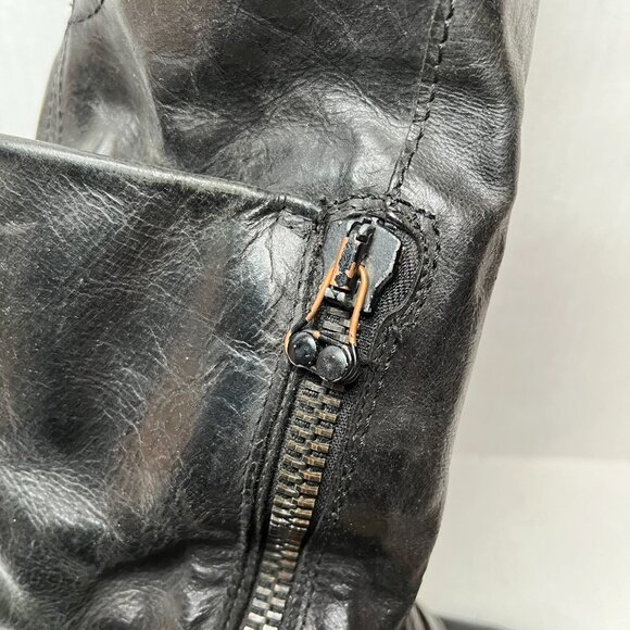 AS98 Leather Moto Boots Size 36 6 6.5 Black Knee High Foldover Cuff Fringe Biker - Picture 4 of 12